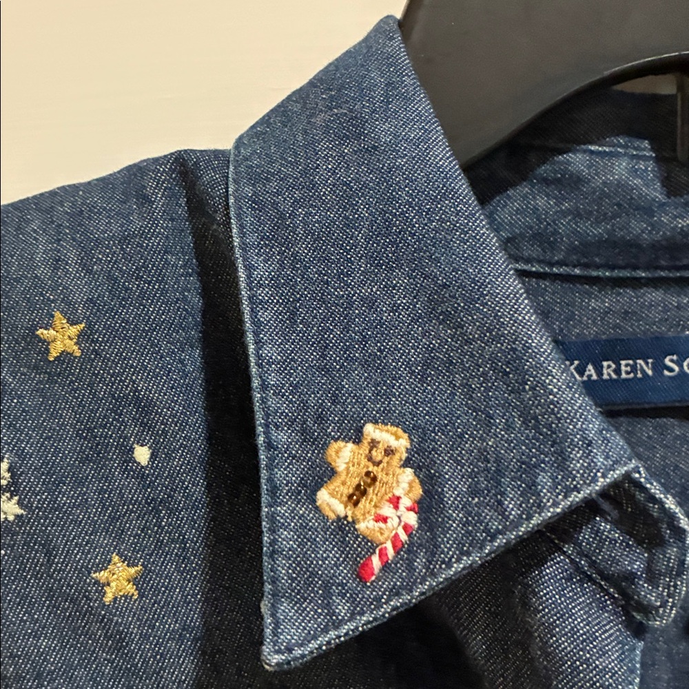 Karen Scott vintage cotton Festive Denim Shirt with Christmas Embroidery - Picture 6 of 6